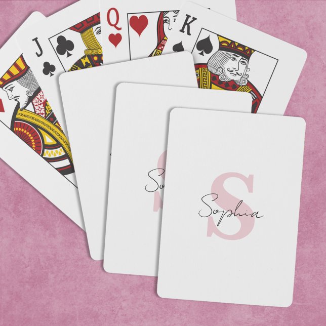 Minimalist Script Name and Pink Monogram Initial Poker Cards (Creator Uploaded)