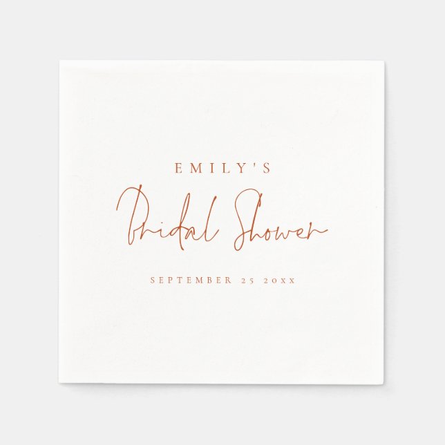 Minimalist Script Name Date Rust Bridal Shower Napkins (Front)