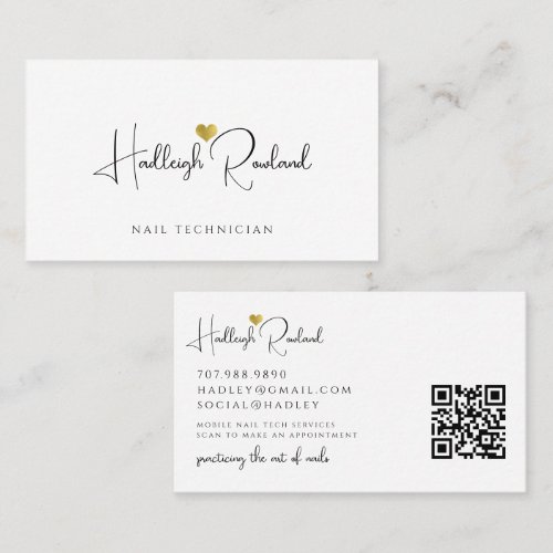 Minimalist Script Name Heart Nail Technician Business Card