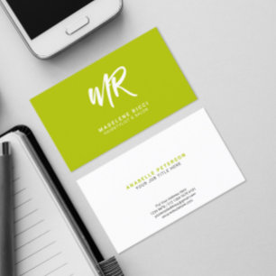 Minimalist Script Name Initial Lime Green Business Card