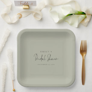 Minimalist Script Name Light Sage Bridal Shower Paper Plates