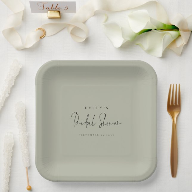 Minimalist Script Name Light Sage Bridal Shower Paper Plates (Wedding)