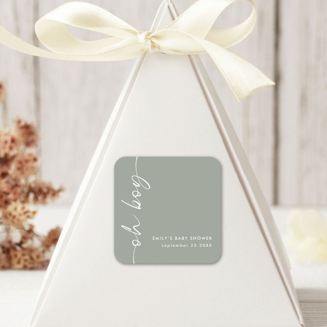 Minimalist Script Name Oh Boy Sage Baby Shower Square Sticker (Creator Uploaded)
