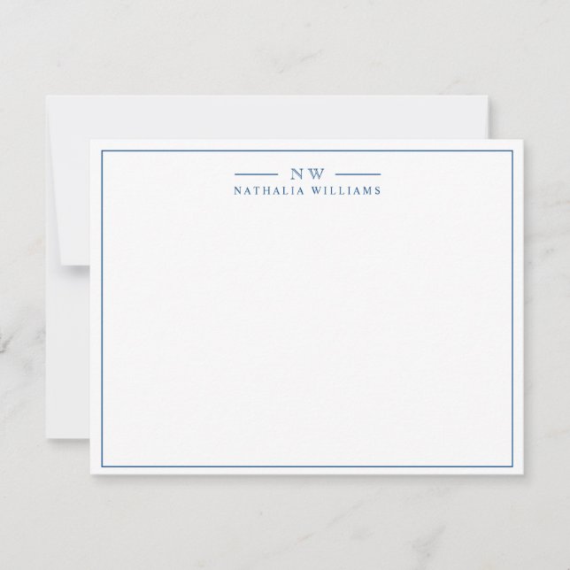 Minimalist Script Navy Blue Border Monogram Note Card (Front)