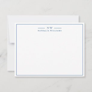 Minimalist Script Navy Blue Border Monogram Note Card