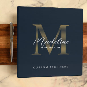 Minimalist Script Navy Blue Metallic Gold Monogram 3 Ring Binder