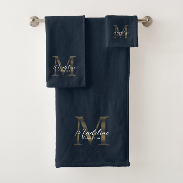 Minimalist Script Navy Blue Metallic Gold Monogram Bath Towel Set (Insitu)