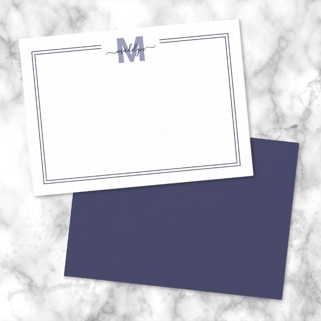 Minimalist Script Navy Blue Two Border Monogram Note Card (Navy Blue Minimalist Script Name Monogram Note Card)