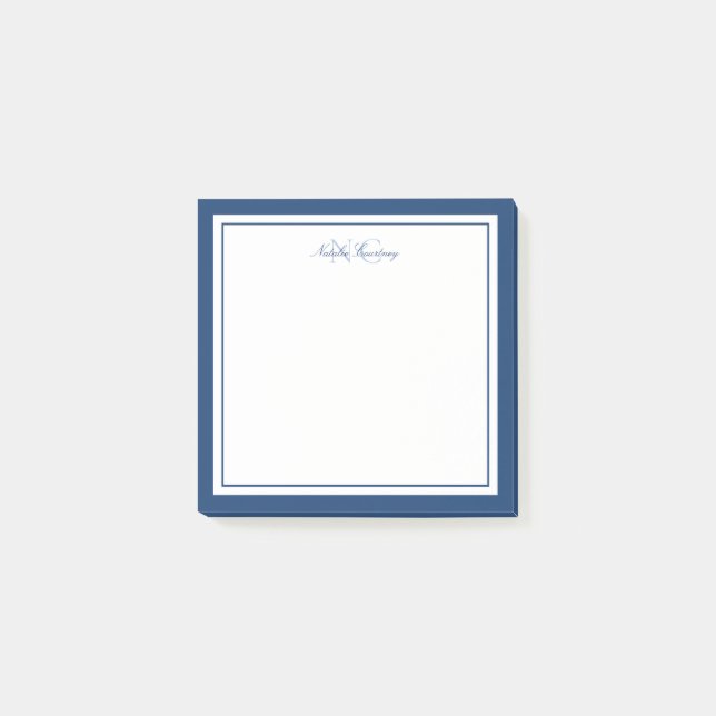Minimalist Script Navy Blue Two Border Monogram Post-it Notes (Front)