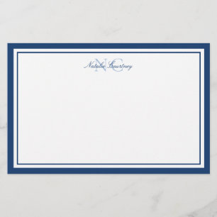Minimalist Script Navy Blue Two Border Monogram Stationery