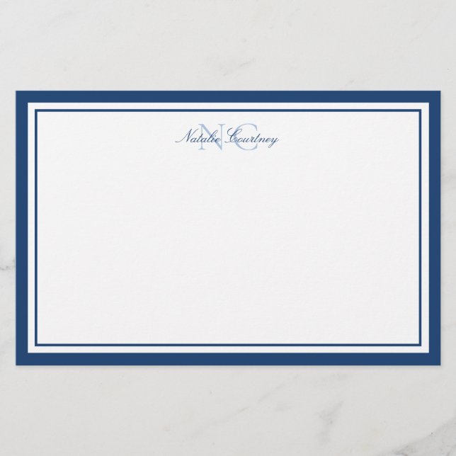 Minimalist Script Navy Blue Two Border Monogram Stationery (Front)