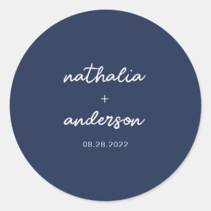 Minimalist Script Navy Blue Wedding Classic Round Sticker