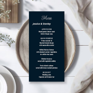 Minimalist script navy blue wedding menu