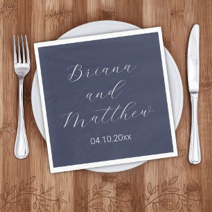Minimalist Script Navy Blue Wedding Napkins