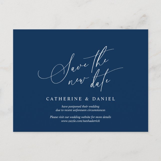 Minimalist Script, Navy Blue, Wedding Postponed Postcard (Front)