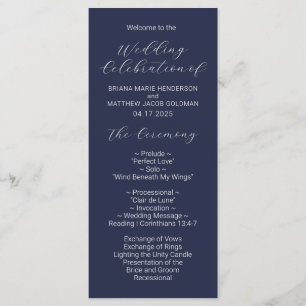Minimalist Script Navy Blue Wedding Program
