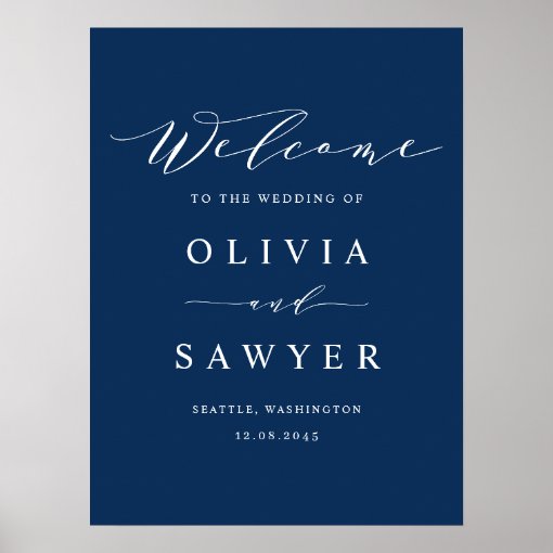 Minimalist Script Navy Blue Wedding Welcome Poster | Zazzle