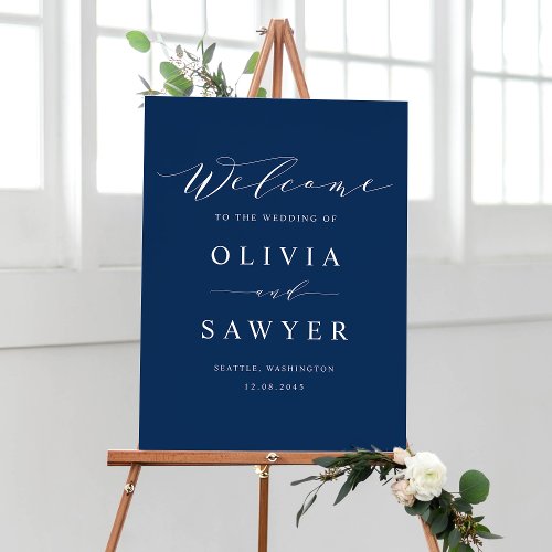 Minimalist Script Navy Blue Wedding Welcome Poster