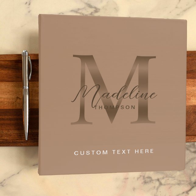 Minimalist Script Neutral Taupe Metallic Monogram 3 Ring Binder (Creator Uploaded)