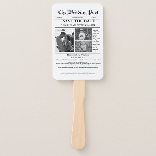 Minimalist script newspaper wedding save the date hand fan