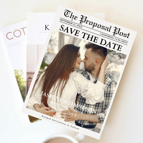 Minimalist script newspaper wedding save the date invitation