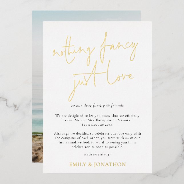 Minimalist Script Nothing Fancy Elopement Real Foil Invitation (Front/Back)