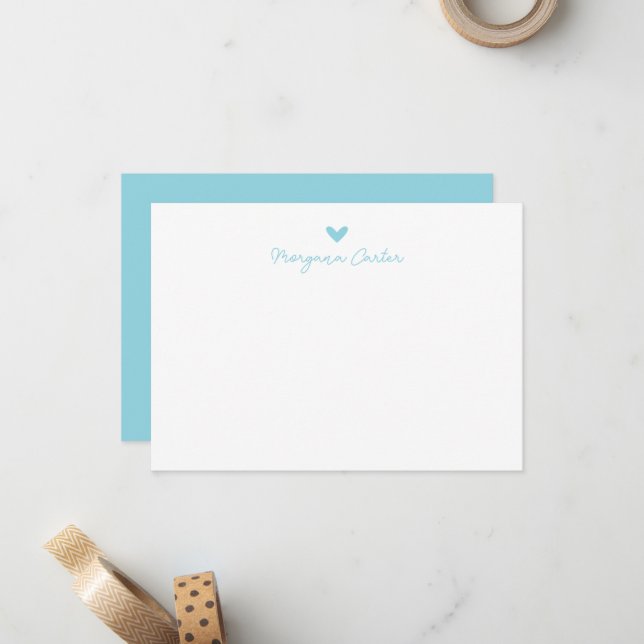 Minimalist Script Ocean Blue Heart Personalized Note Card (Front/Back In Situ)