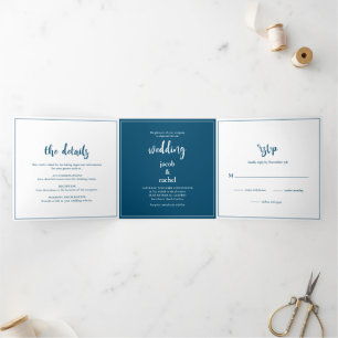 Minimalist Script Ocean Blue & White Wedding Tri-Fold Invitation