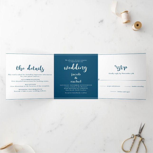 Minimalist Script Ocean Blue & White Wedding Tri-Fold Invitation (Inside)