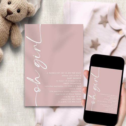 Minimalist Script Oh Girl Dusty Rose Baby Shower Invitation