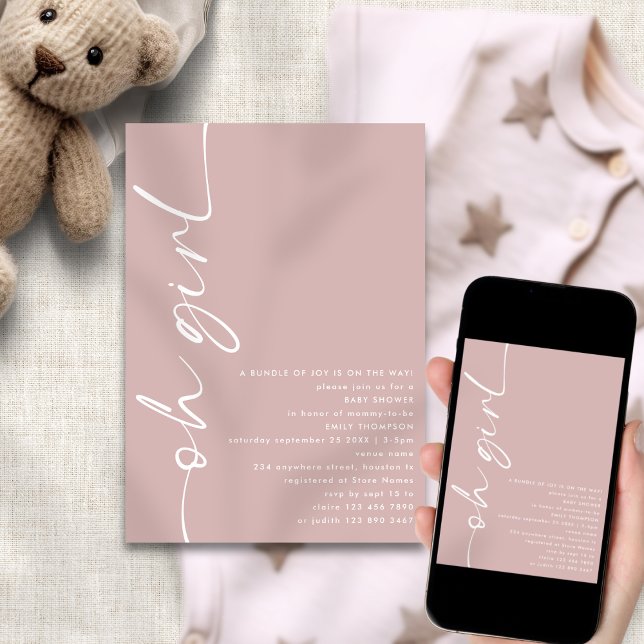 Minimalist Script Oh Girl Dusty Rose Baby Shower Invitation (Available digitally and printed)