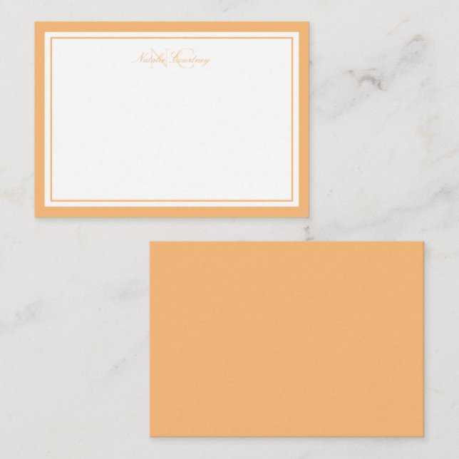 Minimalist Script Orange Two Border Monogram Note Card (Front/Back)