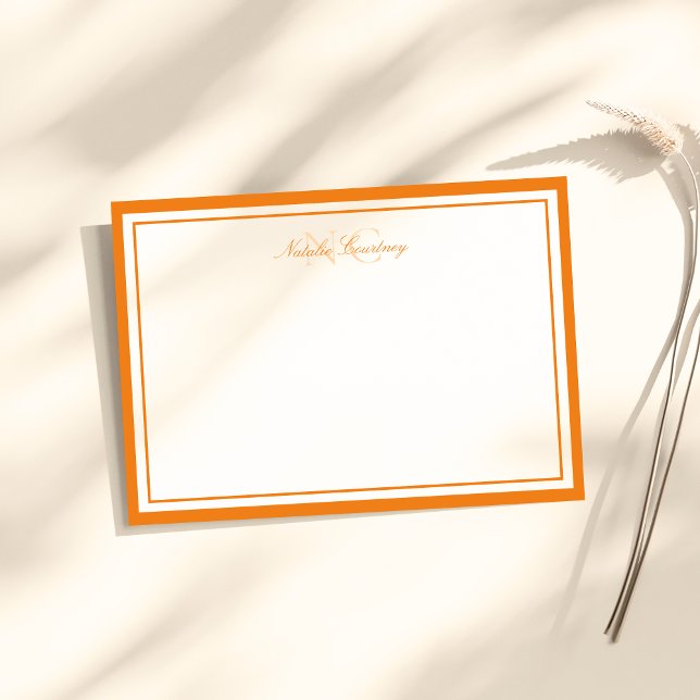 Minimalist Script Orange Two Border Monogram Note Card (Creator Uploaded)