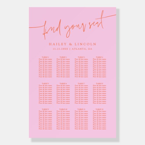Minimalist Script Orange Wedding Seating Chart Foam Board