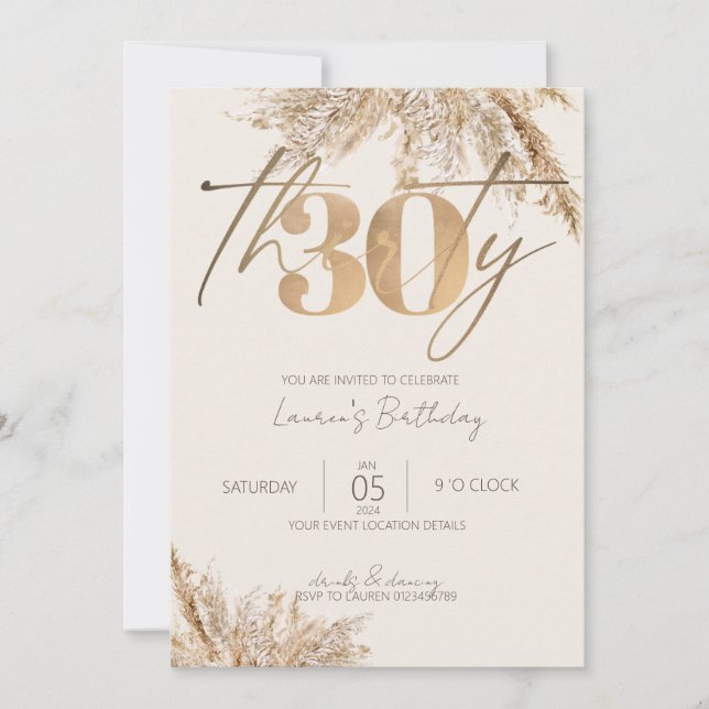 Minimalist Script Pampas Grass Gold 30th Birthday Invitation (Front)