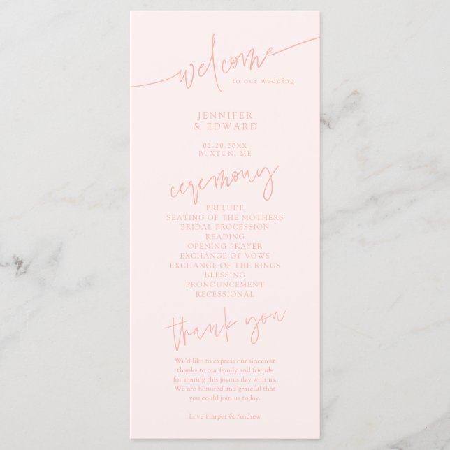 Minimalist Script Peach Wedding Ceremony Program (Front)