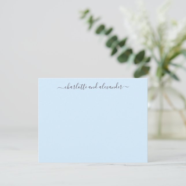 Minimalist Script Personalized Couples Soft Blue Note Card (Standing Front)