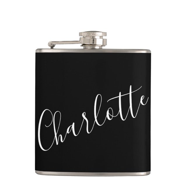 Minimalist Script Personalized Name Black Flask (Front)