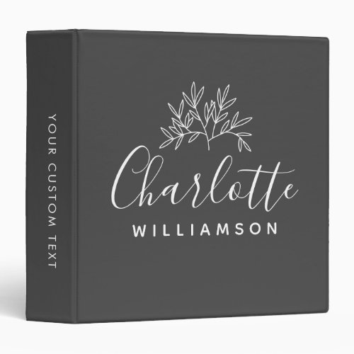 Minimalist Script Personalized Name Black Floral 3 Ring Binder