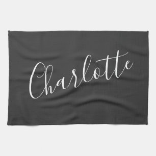 Minimalist Script Personalized Name   Black White  Kitchen Towel