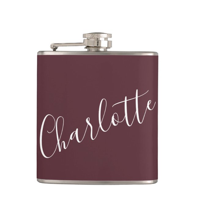 Minimalist Script Personalized Name Burgundy Flask (Front)