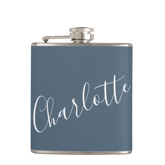 Minimalist Script Personalized Name Dark Blue Flask (Front)