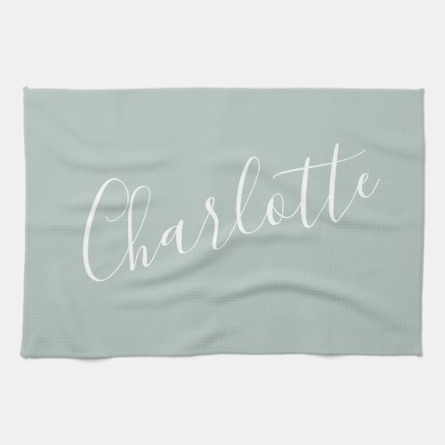 Minimalist Script Personalized Name  Dusty Blue Kitchen Towel