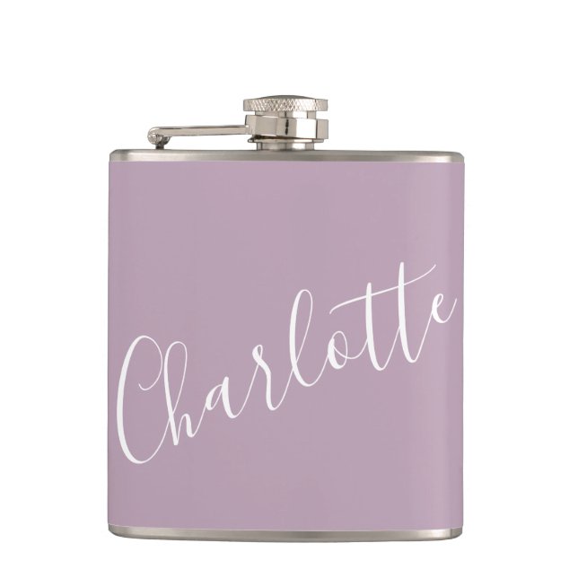 Minimalist Script Personalized Name Dusty Lilac Flask (Front)
