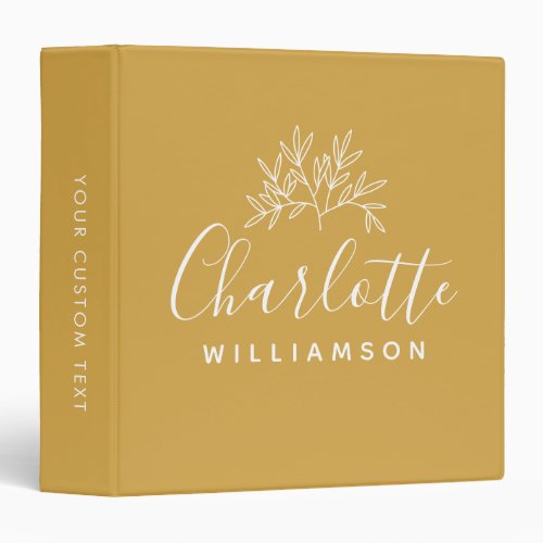 Minimalist Script Personalized Name Floral Yellow 3 Ring Binder