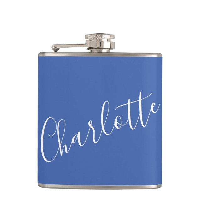 Minimalist Script Personalized Name French Blue Flask (Front)
