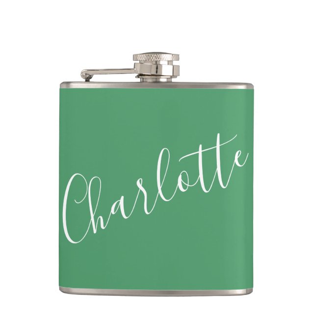 Minimalist Script Personalized Name Kelly Green Flask (Front)