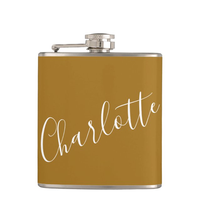 Minimalist Script Personalized Name Ochre Gold Flask (Front)
