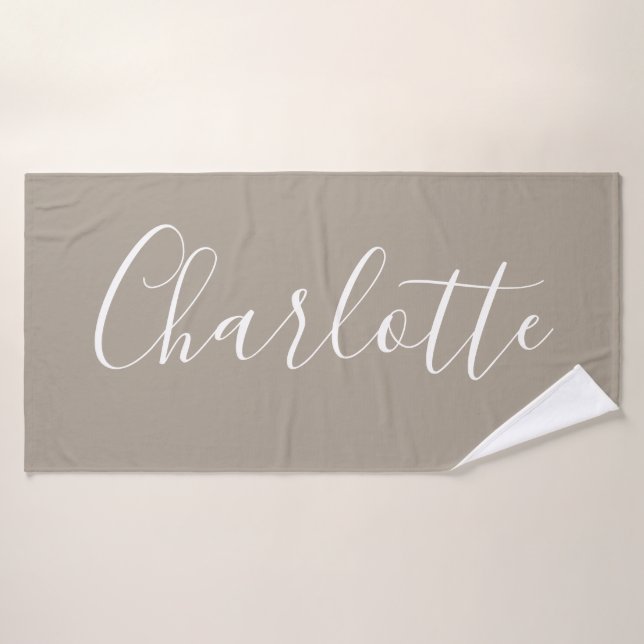 Minimalist Script Personalized Name Taupe Brown Bath Towel (Bath Towel)