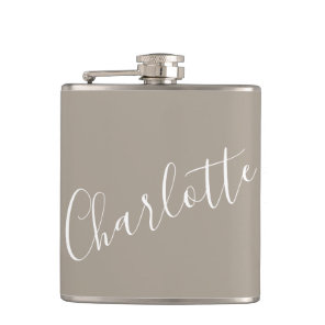 Minimalist Script Personalized Name Taupe Brown Flask